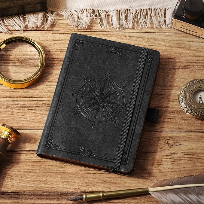 AHGXG Small Blank Pocket Journal Notebook for Men - 256 Numbered Pages B6 Mini Journal, Vintage Soft Leather Hardcover, 80gsm Paper, for Women Work Office School, 4.1'' X 5.7''- Black