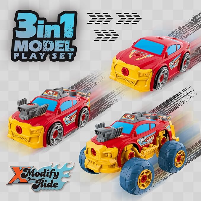 3-in-1 Take Apart Car for Boys with Electric Drill, 46Pcs Construction Toy Truck, Build Your Own Toy Car with Play Tools, Ideal STEM Gift for Kids Children Ages 3 4 5 6 7 8 9 Year Old Red