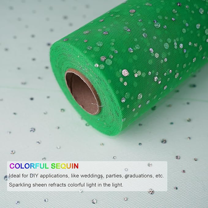 Glitter Tulle Rolls, 6' by 50 Yards (150FT) Sequin Tulle Netting Fabric for Tutu Skirts Sewing Birthday Wedding Party Decoration (Green)