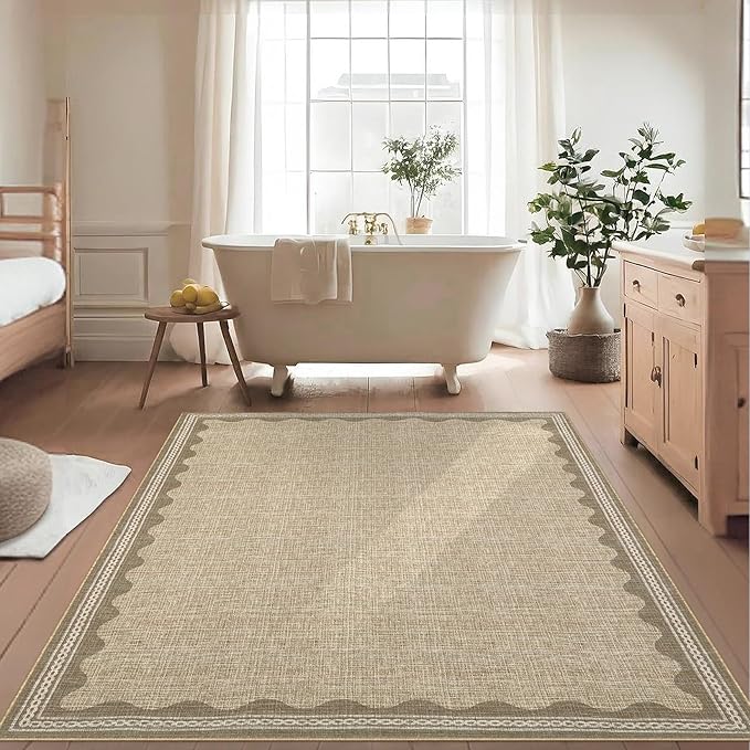 Scalloped 3x5 Rugs for Entryway, Small Area Rug Solid Jute Rug for Bedroom Girls, 3x5 Washable Rugs for Living Room, Non Slip Scalloped Bath Mat, Soft Dorm Nursery Carpet for Bedside