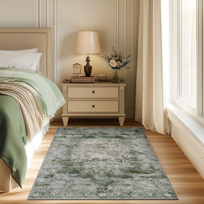 jinchan Green Floral 3x5 Area Rugs for Entryway - Machine Washable Vintage Distressed Design Low-Pile Soft Non-Shedding Carpet for Kitchen Bedside Laundry Living Room (3x5ft, Forest Green)