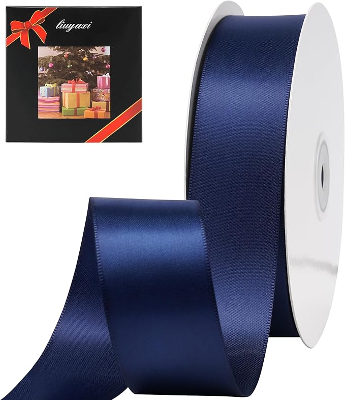 LIUYAXI Navy Blue Stain Ribbon, 1-1/2" X Continuous 50 Yards, Double Faced Fabric Ribbon Perfect for Gift Wrapping Wedding Birthday Party Chair Sash Christmas Hair Floral Craft Sewing