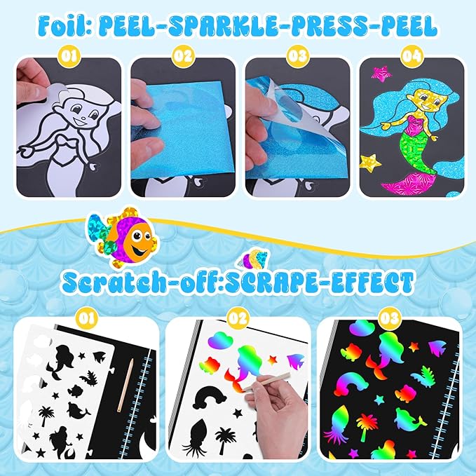 homicozy Art & Craft Activity for Kids - Foil Fun Mermaids & Scratch Art Book 2-in-1, No Mess Art Crafts for Girls,DIY Creative Activity Kit,Gifts for Girls Ages 4, 5, 6, 7, 8, 9, Travel Toys