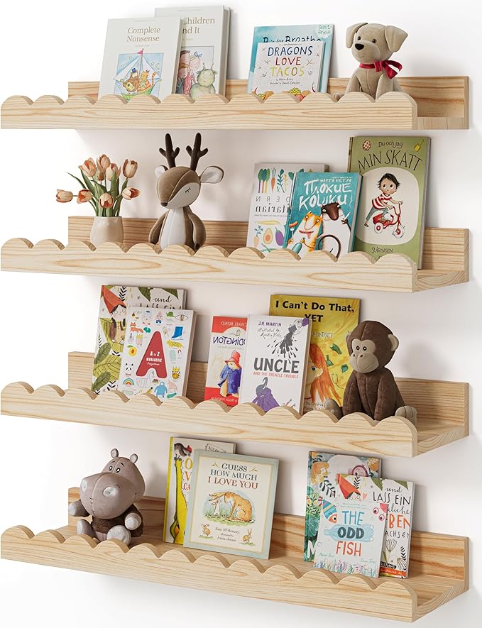 Nursery Book Shelves, 4-Pack Wood Floating Shelves for Wall Kids, Scalloped Shelves, Wall Book Shelves for Bedroom Kids, Toddler Room, Baby Room, Nursery Decor(Wood, 16.5 Inches)