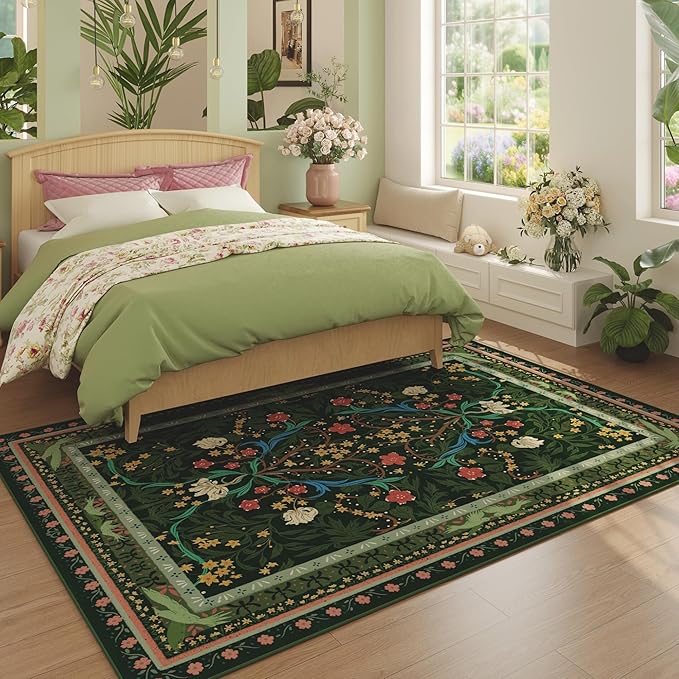 5x7 Washable Rug Vintage Floral Botanical Area Rug Non Slip Low Pile Large Rugs for Living Room, Bedroom, Farmhouse, Dining Room, Kids Playroom, Green