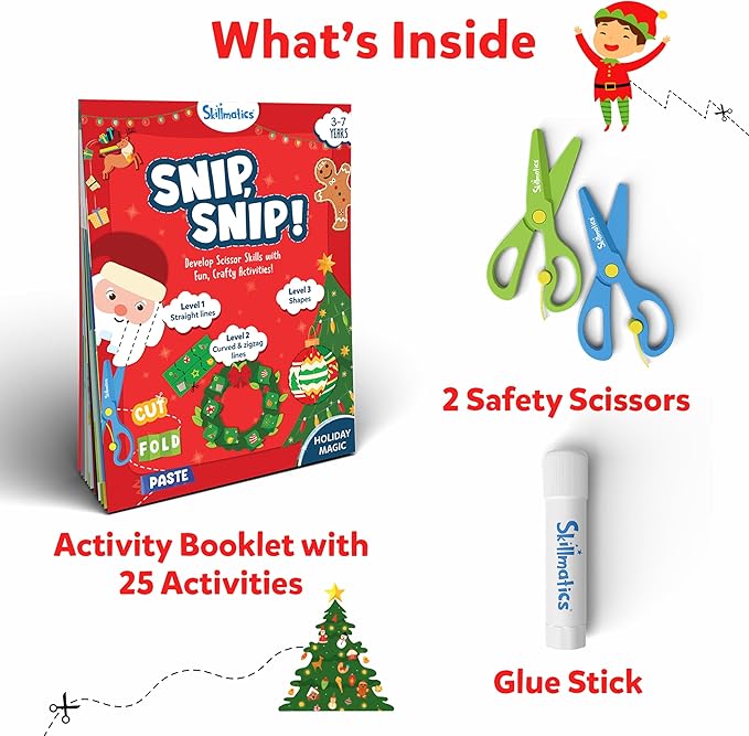 Skillmatics Scissor Skills Activity Book - Snip Snip Christmas, 25 Fun Cutting & Creative Activities for Preschoolers, 2 Child-Safe Scissors, Felt Craft Kit, Gifts for Kids Ages 3, 4, 5, 6, 7