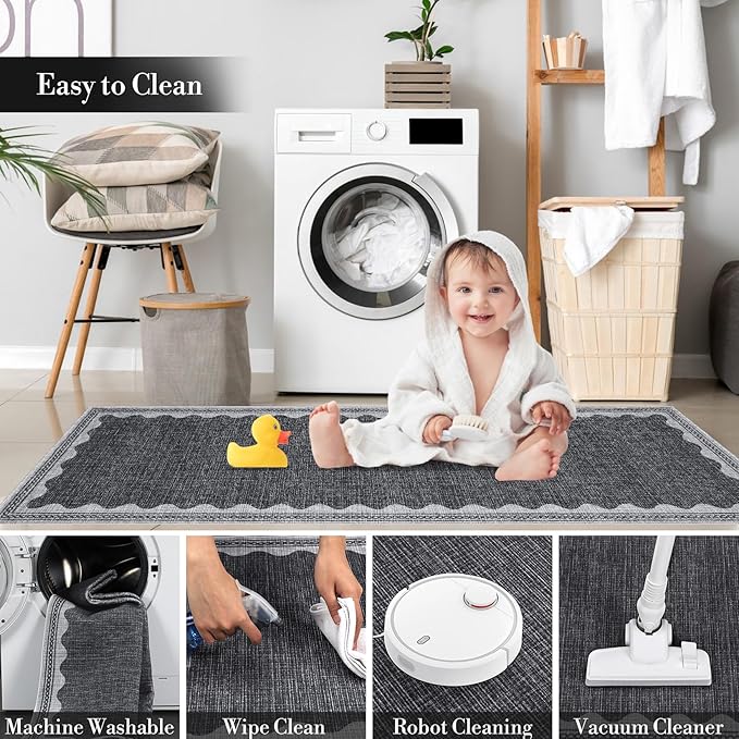 Scalloped Washable Rug 5x7 Area Rugs for Living Room, Solid Grey Rug for Bedroom Girls, Non Slip Scalloped Throw Mat with Rubber Back, Soft Dorm Nursery Low Pile Carpet for Dining Room