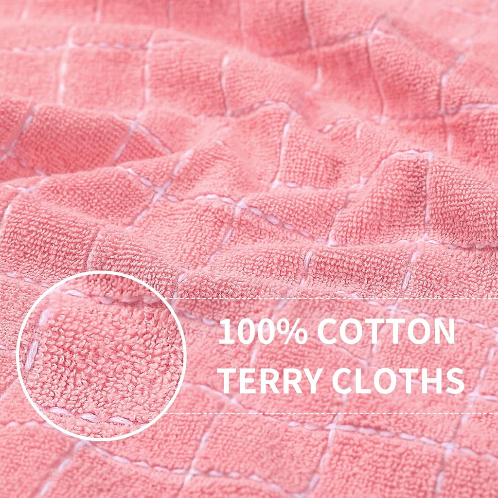 Homaxy 100% Cotton Terry Kitchen Towels(Pink, 13 x 28 inches), Checkered Designed, Soft and Super Absorbent Dish Towels, 4 Pack