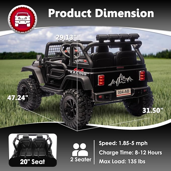 Sopbost 24V 7Ah 2 Seater Ride On Truck Ride On Toy for Big Kids Ride On Car with Remote Control Off-Road Electric Car with Shock Absorber, LED Lights, Bluetooth Music Player, EVA Tires, Black