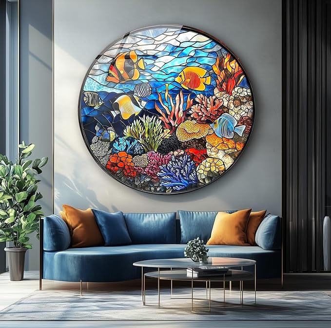 My Photostation.com 24''(60cm) Diameter Coral Reef Mosaic Round Glass Wall Art Tempered Glass Printing Wall Decor Large Wall Art Wall Hangings