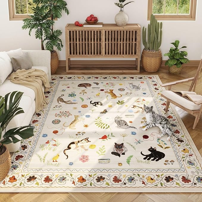 Rugcomf Area Rug 4x6 Rug Washable Boho Rugs Non Slip Low Pile Floral Animal Cat Small Carpet for Bedroom Bedside Kids Room Office Dining Room, Beige
