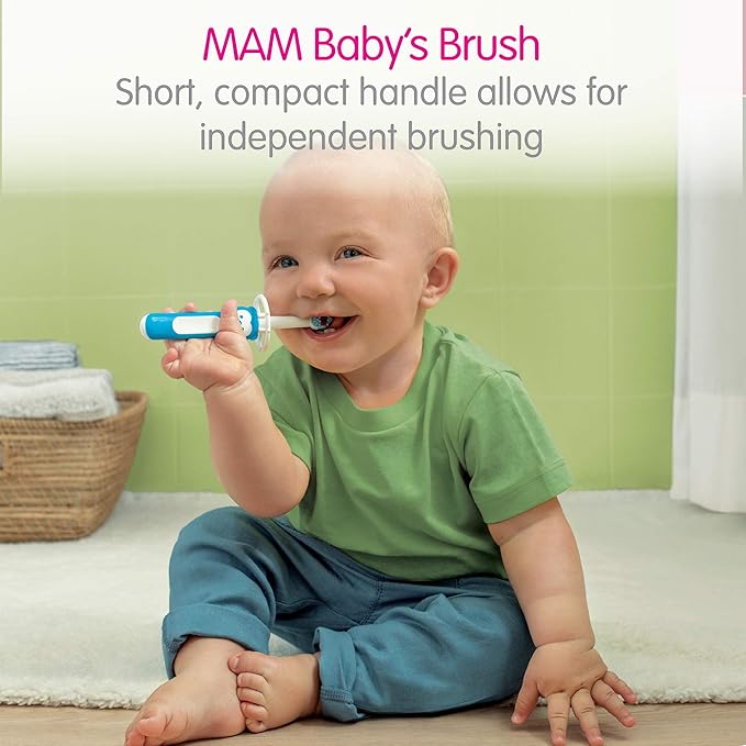 MAM Learn to Brush Set (1 Baby's Brush Toothbrush, 1 Training Brush, 1 Safety Shield), Baby Toothbrushes with Brushy The Bear, Interactive App, for Boys 5+ Months, Blue
