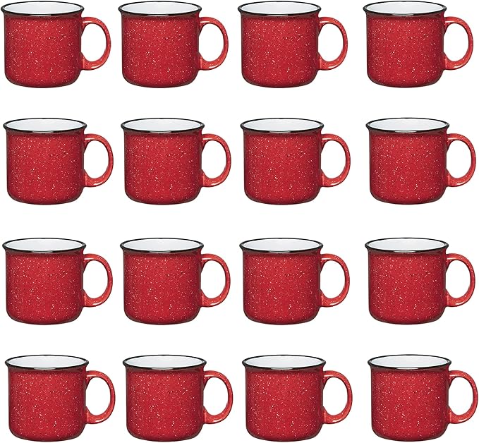 Set of 16 Ceramic Campfire Mugs – 15 Oz, Red – Coffee & Tea Cups for Home, Work, Travel, Camping – Customizable, Great for DIY, Events, Companies