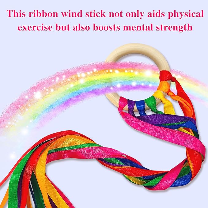 24Pcs Rainbow Ribbon Streamers Waldorf Toys Creative Waldorf Hand Kite Set Streamers with Wood Ring Sensory Learning Educational Toy for Playroom Dancing Birthday (Rainbow Colors)