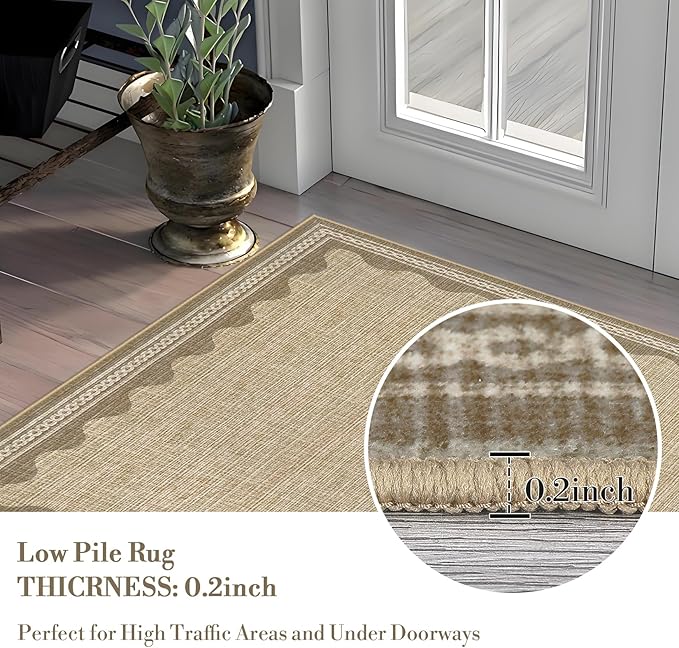 Scalloped Washable Rug 10x13 Area Rugs for Living Room, Solid Tan Rug for Bedroom Girls, Non Slip Throw Carpet with Rubber Back, Soft Dorm Nursery 10x13 Scalloped Rugs for Dining Room