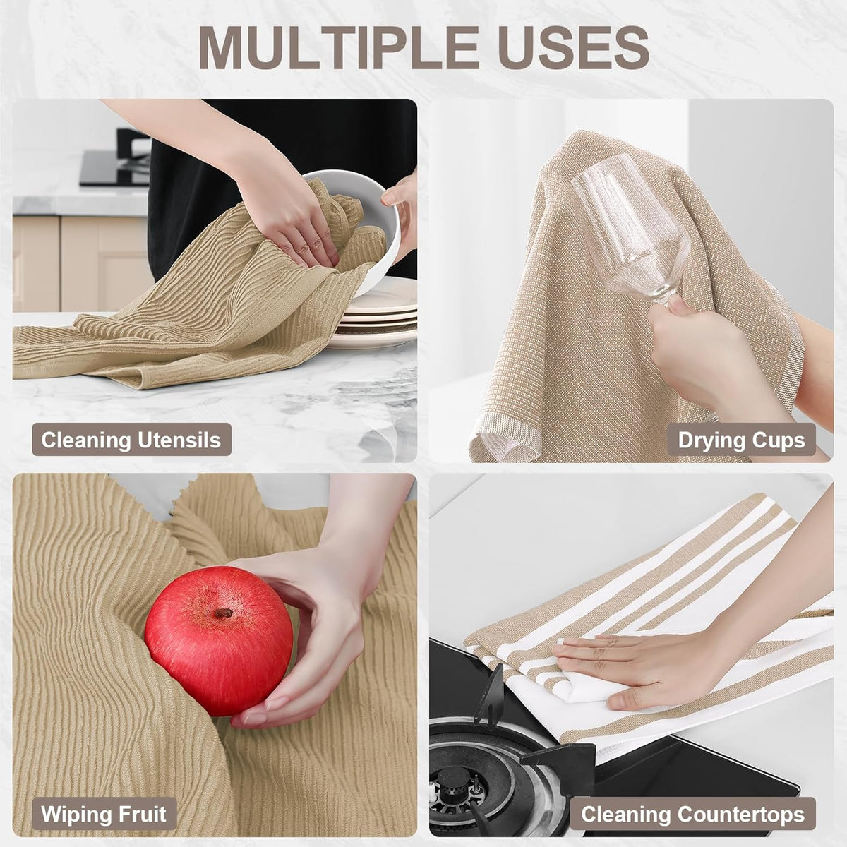 Homaxy Premium Kitchen Towels(18”x 28”, 6 Pack), Large Cotton 380 GSM Kitchen Hand Towels, Soft and Absorbent Terry Dish Towels, Multipurpose Tea Towel Set with Hanging Loop, Khaki
