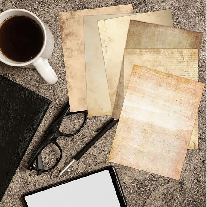 100GSM 48Sheets Vintage Antique Printing Paper, A4 8" x 11" Double-sided Old Looking Parchment Aged Paper for Letter Writing, Scrapbooking,Handmade Craft,Resume,Certificate