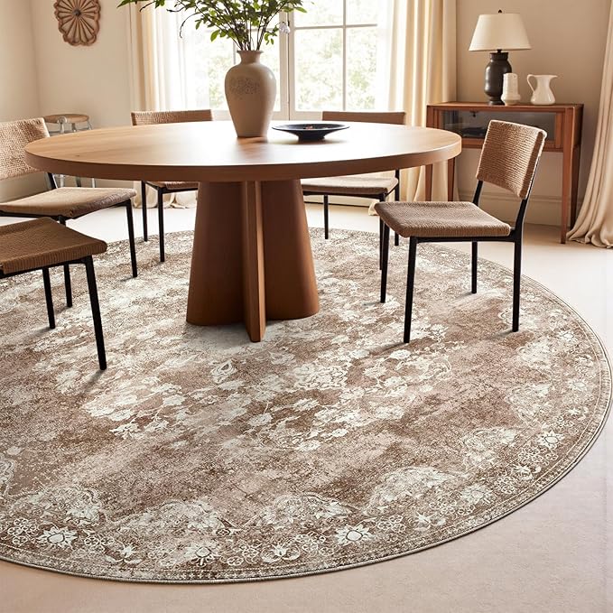 jinchan Round Rug 8ft Area Rug - Brown Vintage Floor Mat Kitchen Indoor - Washable Circle 8' Thin Floral Print Carpet Retro Farmhouse Non Slip Dining Room Living Room Bedroom Office