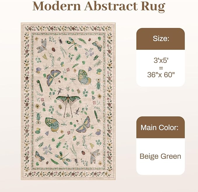 3x5 Washabl Rug with Insect Print - Bug Rug Non-Shedding Stain Resistant Soft Small Carpet for Bedroom, Low Pile Ultra-Thin Machine Washable Carpet for Nursery,Entrance, Office (3'x5' Beige)