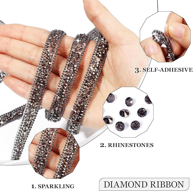 Rhinestone Ribbon 3 Yards Self Adhesive Rhinestone Strips Diamond Ribbon Sticker Crystal Roll Glitter Bling Rhinestones Tape for Crafting DIY Art Decoration (0.4 Inch)