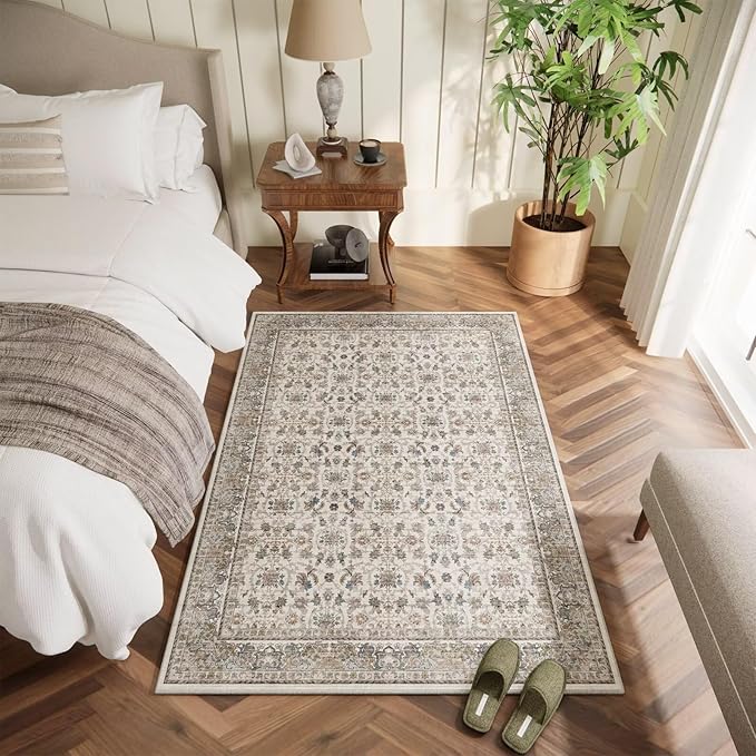 Washable 3x5 Entryway Rug Indoor, Boho Non-Slip Silicone Backing Small Rugs for Kitchen Nursery Office Bedroom, 0.3" Neutral Oriental Throw Carpet with 0.16" Cushioning Pad, Cream/Multi