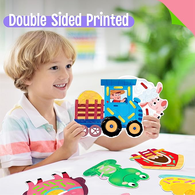 9 PCS Farm Theme Lacing Cards, 9 Double Sided Sewing Cards with 9 Colorful Laces, Imagination Development Lacing Toys Educational and Learning Activity for Preschoolers, Kids