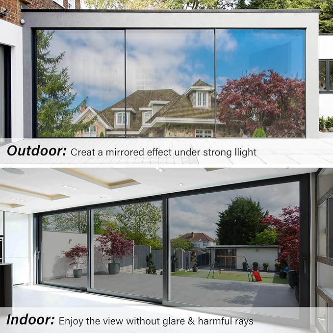 Kromapolis One Way Window Privacy Film Reflective Mirror Home Window Tint, Daytime Privacy Heat Control Anti UV Glass Tinting Static Cling (Silver, 29.5 x 157.4 inch)