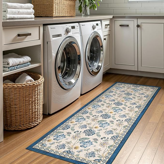 jinchan 2x5 Floral Runner Rug for Hallway Washable Kitchen Runner Vintage Romance Design Non Slip Thin Indoor Floor Cover Low-Profile Throw Carpet for Entryway Bathroom Bedroom Porch, Blue/Beige