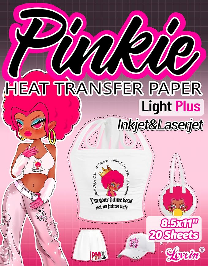 Lovein Pinkie Iron on Heat Transfer Paper for T Shirts (20 Sheets, 8.5x11'', Light Plus) Printable Heat Transfer Vinyl for Laserjet & Inkjet Printer Iron on Transfers Paper for Light Fabric (PK-L3-20)
