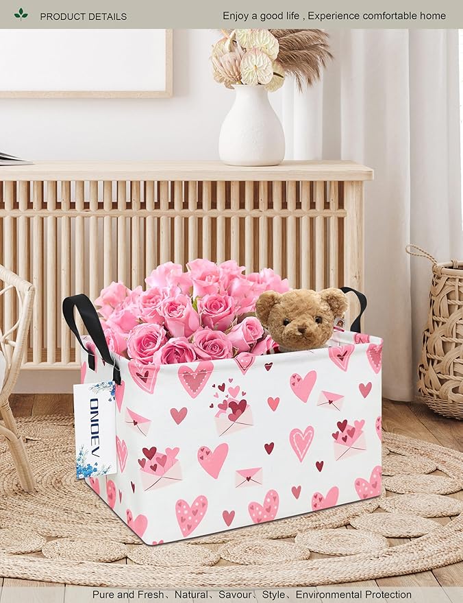 Rectangular Folding Laundry Basket,waterproof Canvas Basket,gift basket,Suitable for children's room,Office,Clothes,Toys Storage(Pink Love)