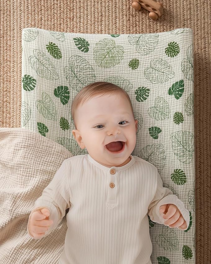 Blissful Diary Muslin Baby Changing Pad with Waterproof Lining Foam, Diaper Changing Table Pad with Cover for Dressers (Monstera, Rectangular)