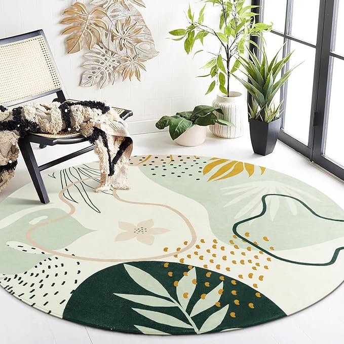 Lahome Green Washable Round Rug - 7Ft Round Area Rug for Living Room Throw Soft Boho Round Rug Large Non-Slip Round Dining Room Rug, Botanical Print Floor Round Carpet for Bedroom Office (Pink,7'x7')