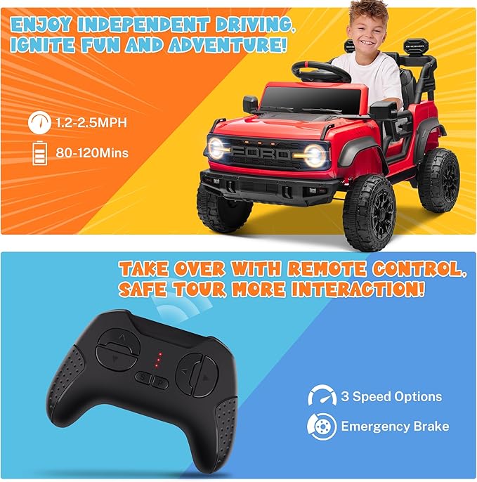 ENYOPRO 12V Kids Ride On Car with Remote Mode, Licensed Ford Bronco Raptor Electric Car for Toddlers, Battery Powered Ride On Toy Truck w/2 Speed, Working Headlights, Music Player, Radio (Red)