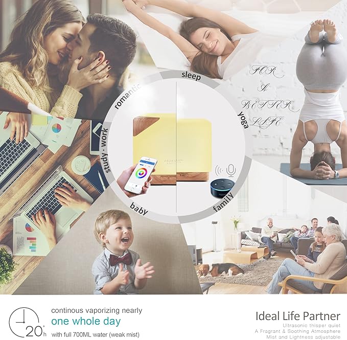 ASAKUKI Smart WiFi Essential Oil Aromatherapy Diffuser, Easy Connect with Alexa and Google Home Phone App Voice Control 700 ml Ultrasonic Diffuser, Create Schedules 7 LED Colors Humidifier