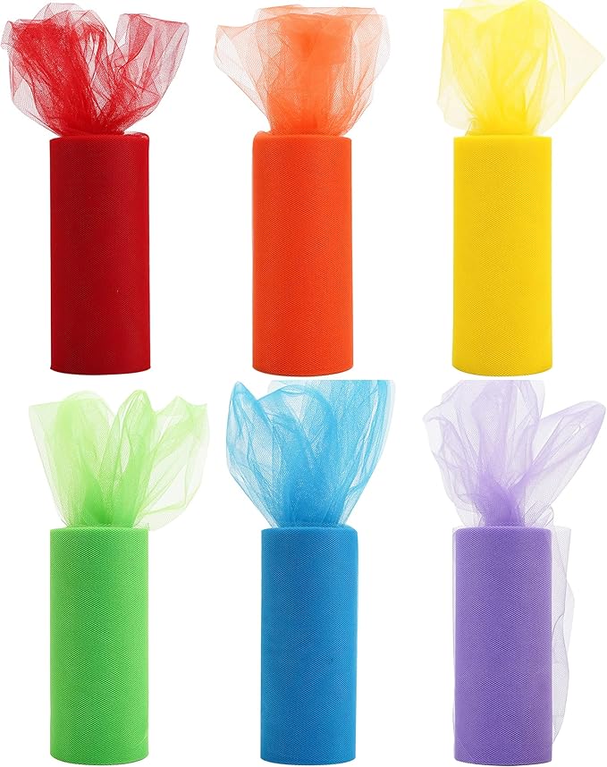 MEEDEE Rainbow Tulle Ribbon 6 Colors Roll Tulle Fabric Rainbow Spool Ribbon for Tutus Wedding Decorations Party Decorations Gift Wrapping Skirt Dress (6 inch by 25 Yards/Roll)
