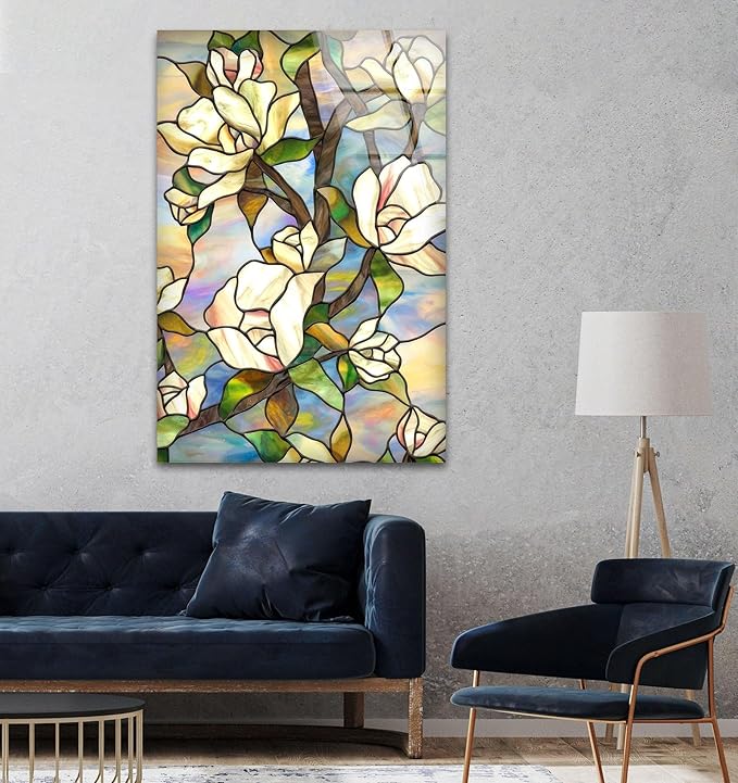 My Photostation.com 18Wx28H'' Stained Magnolia Glass Wall Art Tempered Glass Printing Wall Decor Large Wall Art Wall Hangings