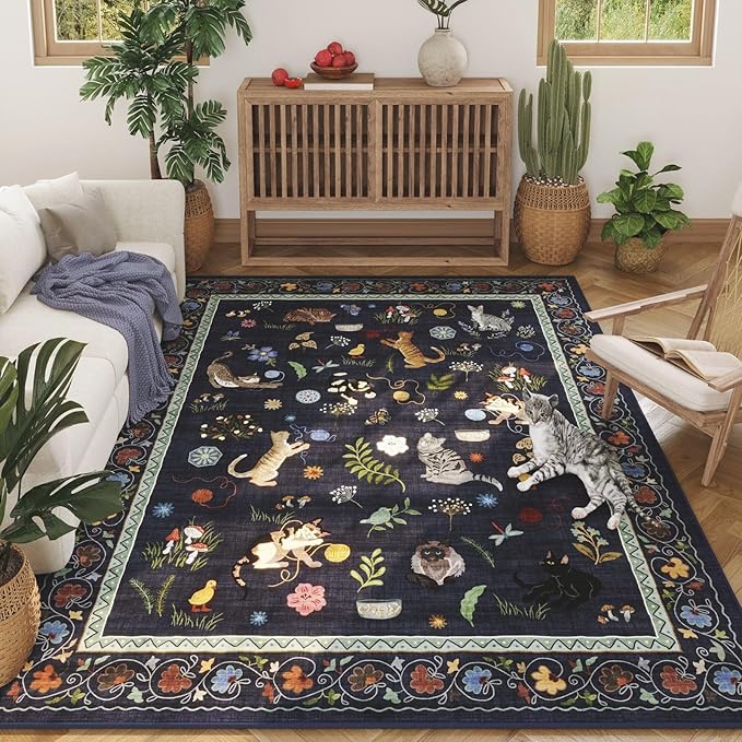 Rugcomf Area Rugs 8x10 Rug for Living Room Clearance Washable Boho Area Rug Non Slip Floral Animal Cat Vintage Low Pile Large Rug for Bedroom Farmhouse Dining Room Kids Playroom, Cobalt Blue