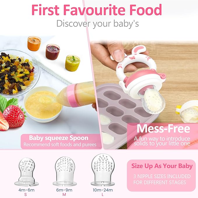 WAJIAYON Baby Fruit Feeder Pacifier | 2 Infant Food Feeder Pacifier & 1 Baby Food Dispensing Spoon | Mesh Fresh Fruit Teethers for Babies Teething Feeders | Shower Gifts for Boys and Girls (Pink)
