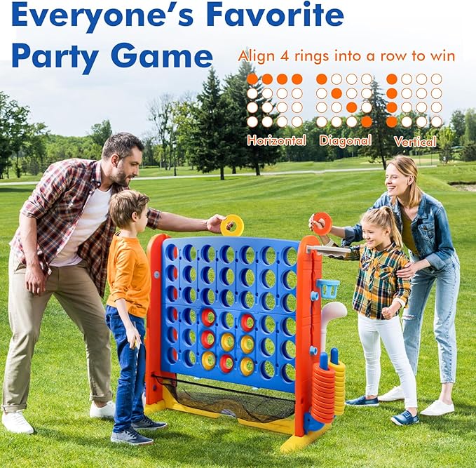 Giant 4 in a Row Connect Game with Mesh Fabric | Height Adjustable 4-in-1 Jumbo 4-to-Score Yard Game Set with Basketball, Golf & Ring Toss | Outdoor Indoor Family Yard Party Game for Kids & Adults