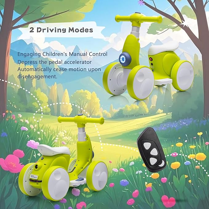 6V Electric Baby Balance Bike for 1 Year Old Boys Girls Ride on Toys 12-48 Months Toddler Balance Bike, 4 Wheels Kids First Bike with Remote Control First Birthday Gifts- Cyan