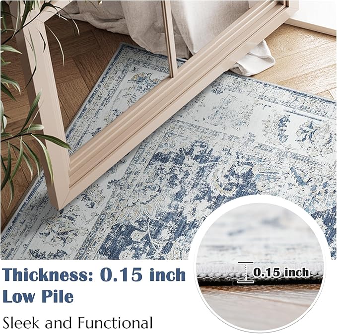 jinchan 10x12 Area Rugs for Living Room - Machine Washable Vintage Floral Distressed Design Stain Resistant Carpet Low Pile Non-Slip Large Rug for Bedroom Dining Room Home Office (10‘x12',Dark Blue)