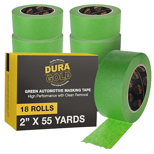 Dura-Gold Green Automotive Masking Tape 2 Inch (1.88 Inch x 55 Yards), Case of 18 Rolls - Premium High-Performance, Heat Resistant - Auto Refinish Painting, Car Detailing, Autobody, Painters Tape