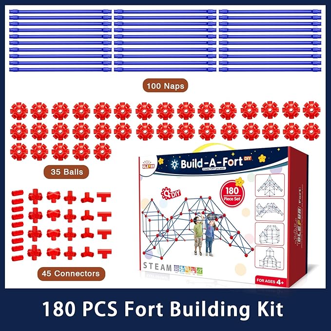OleFun 180 Pack Fort Building Kits for Kids 4, 5, 6, 7, 8+ Year Old Boys & Girls, Creative STEM Building Toys for DIY Castles, Tunnels, Play Tent, Ideal Gifts for Aged 5-8