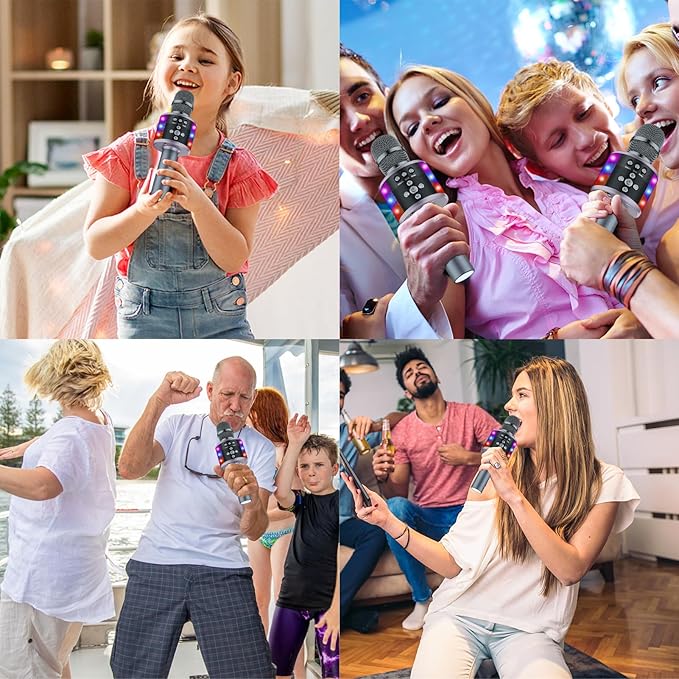 BONAOK Karaoke Microphone for Kids & Adults - Bluetooth Microphones Singing Mic with Disco Lights, Echo Effect, Built-in Speaker Portable Karaoke Player for Party Travel Gifts Q78(Space Gary)
