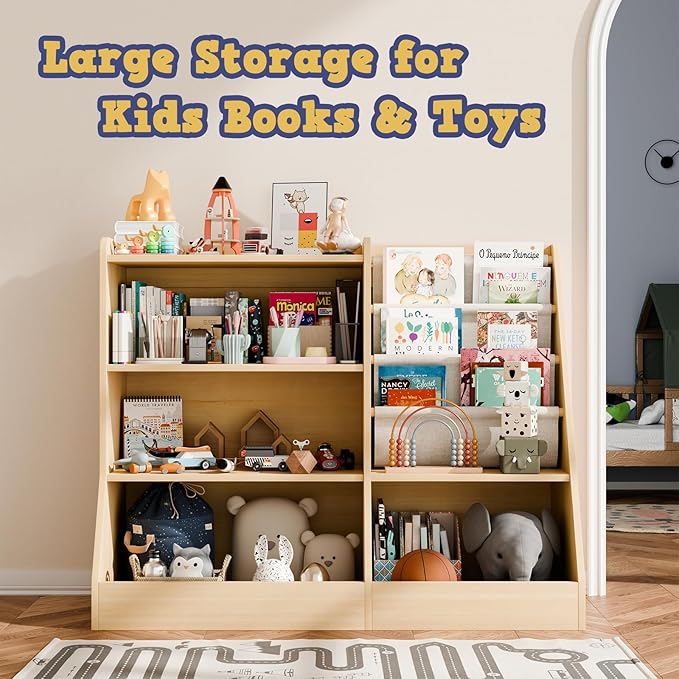 39" Large Kids Wooden Bookshelf and Toy Storage Organizer, Baby Bookcase with Sling Book Rack, Children Toddler Wooden Book Shelf for kids rooms, Playroom, Classroom, Nursery, School (Natural)