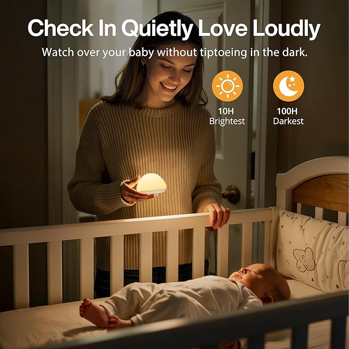 JolyWell Baby Night Light for Nursery, Soft Silicone Tap Control Night Lamp with 8 Color Changing, Stepless Dimming, Rechargeable Portable Night Light for Kids, 1H-Timer, Warm Light for Breastfeeding