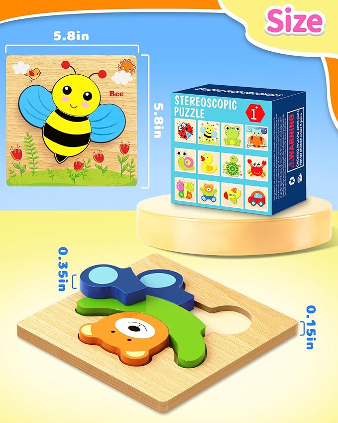 Bekayshad Wooden Puzzles Toddler Toys Gifts for 1 2 3 Year Old Boys Girls, 12 Pack Animal Jigsaw Puzzles Montessori Toys, Learning Educational Birthday Gifts for Girls Boys Ages 1-3