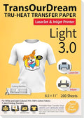 TransOurDream Tru-Heat Transfer Paper for Light T Shirts (200 Sheets 8.5x11, 3.0) Printable HTV Heat Transfer Vinyl for Inkjet & Laserjet Printer Iron on Transfers for Light Fabrics