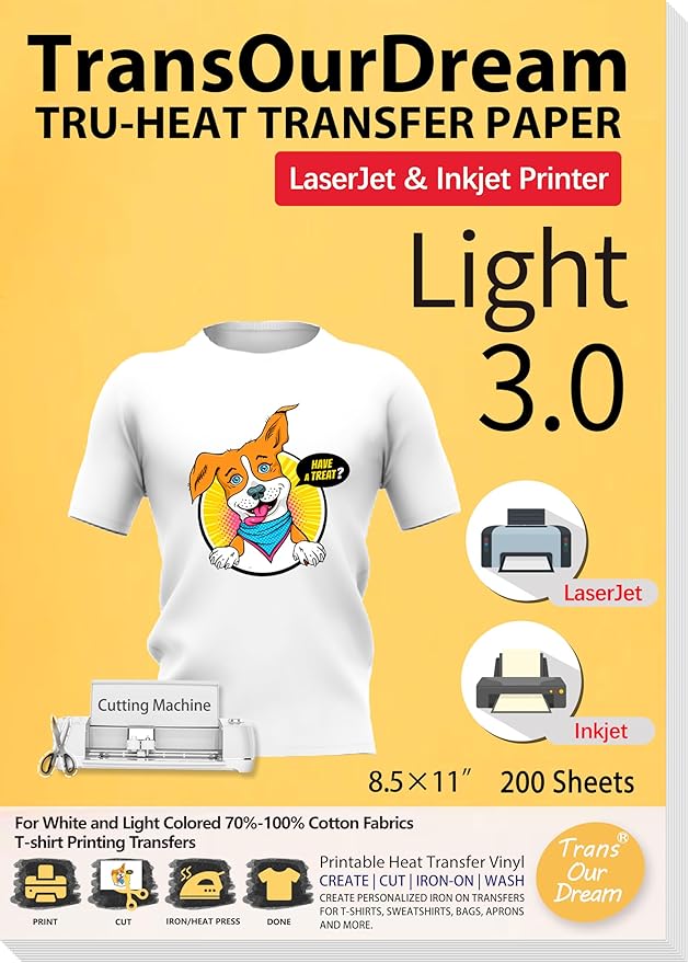 TransOurDream Tru-Heat Transfer Paper for Light T Shirts (200 Sheets 8.5x11, 3.0) Printable HTV Heat Transfer Vinyl for Inkjet & Laserjet Printer Iron on Transfers for Light Fabrics