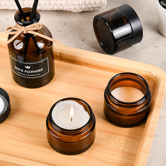 Glass Jars with Lids,Eco-Friendly Cosmetic Containers with Airtight Black Lids & Liners, Multi-Color Options for Cream, Lotion, Body Butter, DIY Skincare Travel Jars (Amber, 2oz)